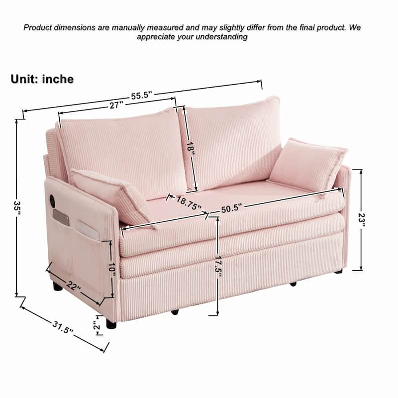 Roomfitters 55" Modern Corduroy Sofa Bed with Pull-out Sleeper Design, Modular Daybed with Storage Pocket & Pillows