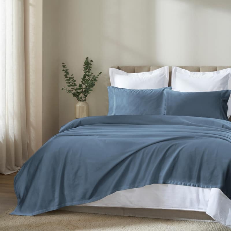 Superior Apus 100% Cotton Perfect Fit Bed Sheet Set - Full - 15" Deep Pocket - Denim Blue