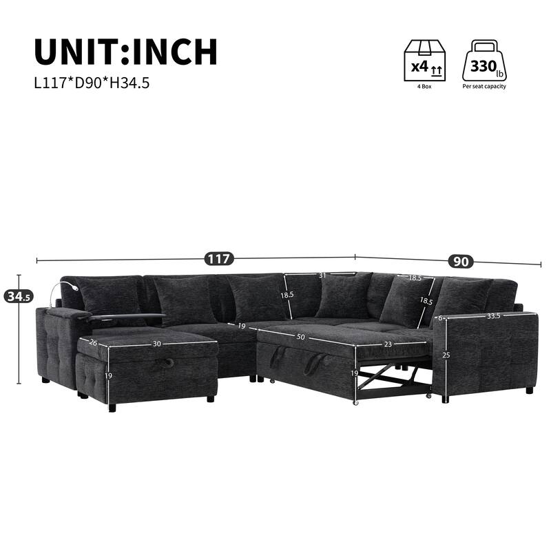 Tufted Chenille Sectional Sofa with Pull-out Bed, Flip-up Table Panel, Reading Lamp, Charging Ports, Storage Ottoman, 6 Pillows