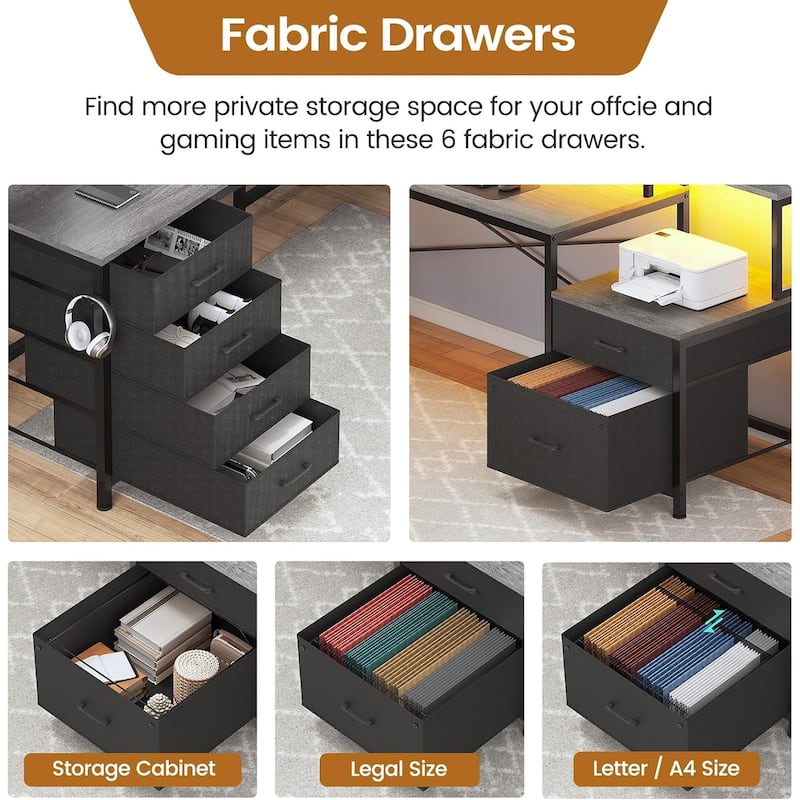 L Shaped Home Office Desk with 6 Drawer File Drawer Power Outlet