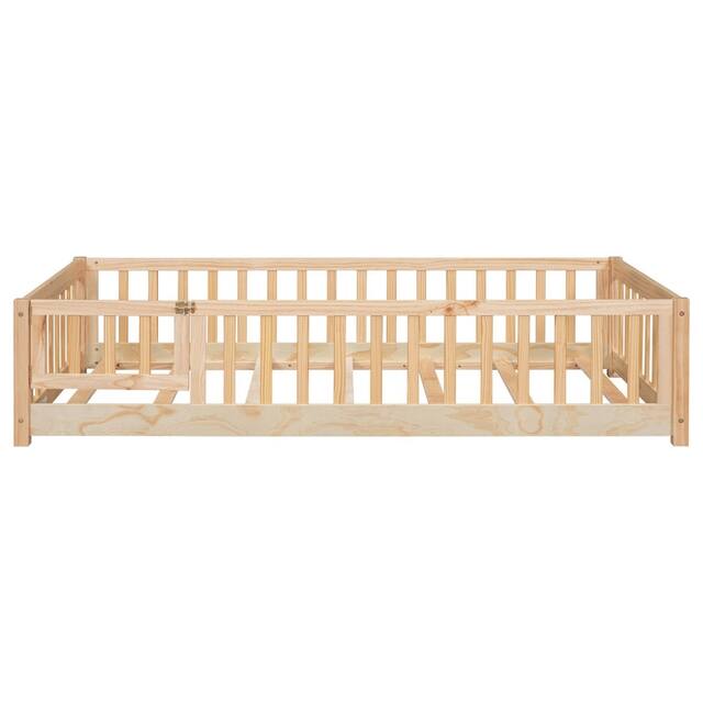 Twin/Full/Queen size Floor Platform Bed with Fence and Door for Kids, Toddlers