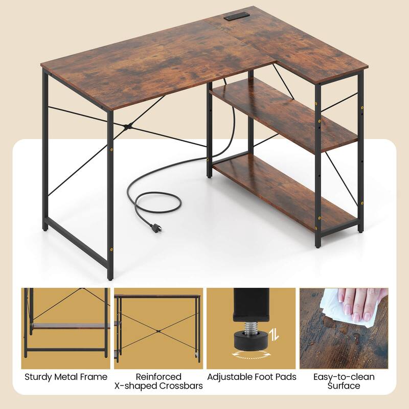 Costway L-Shaped Computer Desk with Power Outlets Adjustable shelf