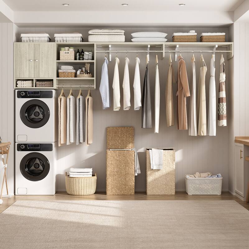 88.4'' - 117.8'' Closet System (Can Be Cut To Fit), Reversible Laundry Wall Cabinet with 3 Hanging Rods & Adjustable Shelves - White Oak