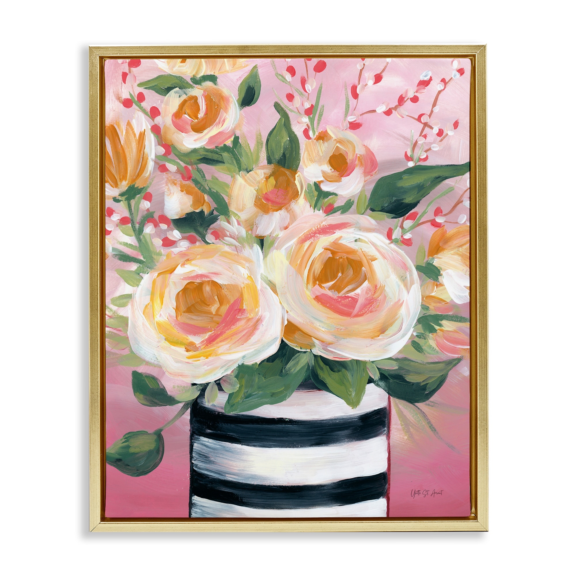 Stupell Spring Blooms in Striped Vase Framed Floater Canvas Wall Art Design By Yvette St. Amant