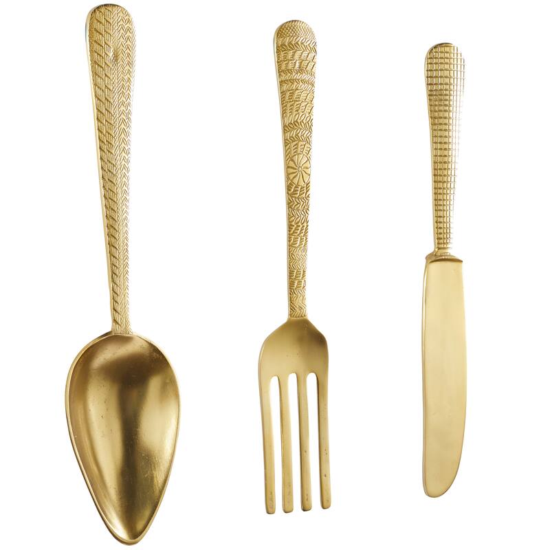 Gold Aluminum Metal Knife, Spoon and Fork Utensils Home Wall Decor (Set of 3)