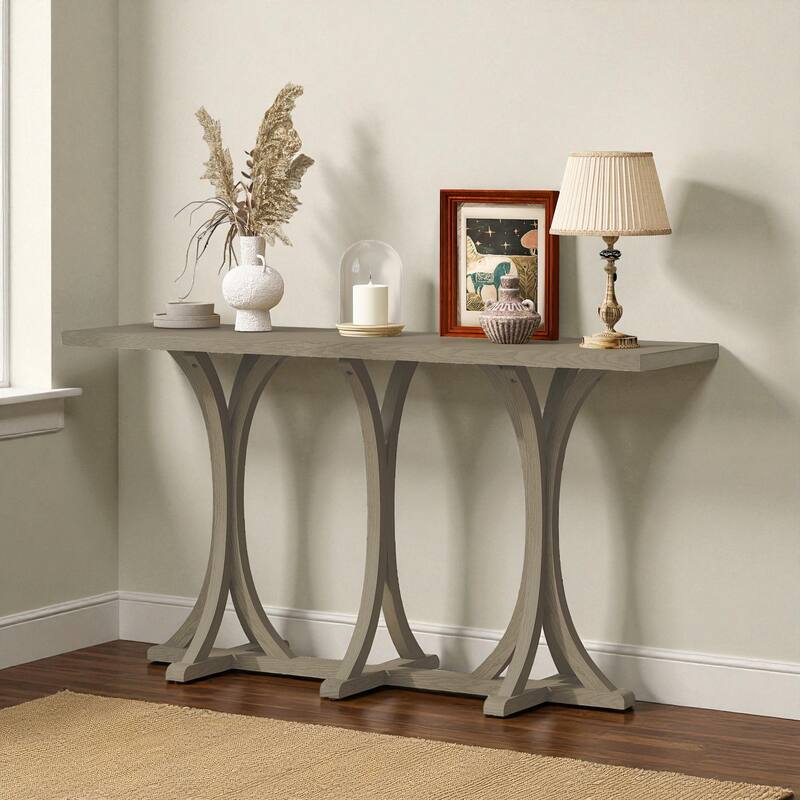 59.8'' Farmhouse Wooden Console Table with Oak Veneer Top, Curved Rubber Wood Legs, Entryway Sofa Table for Living Room