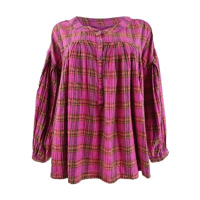 Free People Women's Jessi Plaid Top (L, Pink Combo)