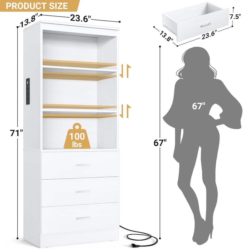 6-Tier 23.6'' Display Cabinet with Charging Station and Drawers, Bookcase Storage Shelf Kitchen Pantry