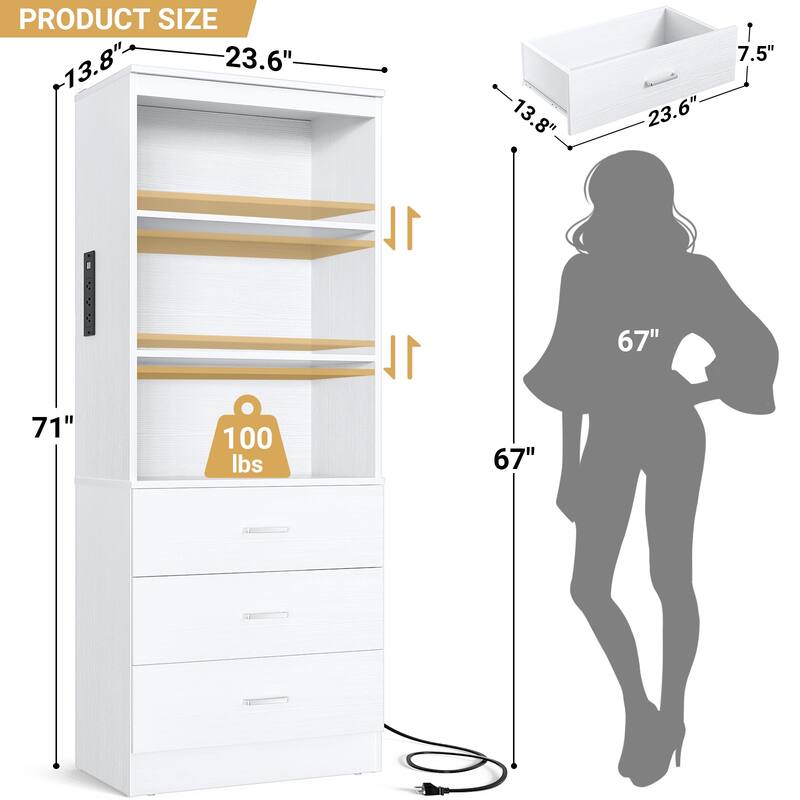 Tall Buffet Sideboard with Charging Station, Storage Pantry Organizer with Drawers and Shelves