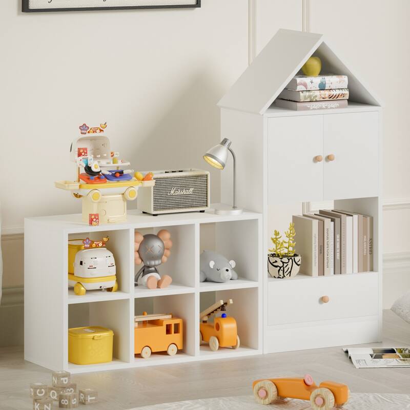 MVersatile Kids Bookshelf House Shape Toy Organizer for Bedroom Playroom