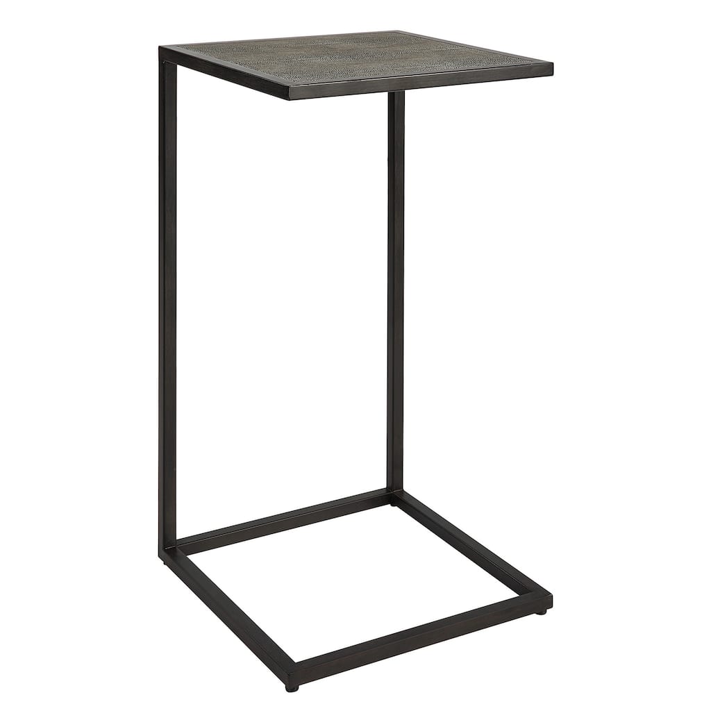 24 Inch Accent Table, Open C Shape, Gray Shagreen Top, Antique Black