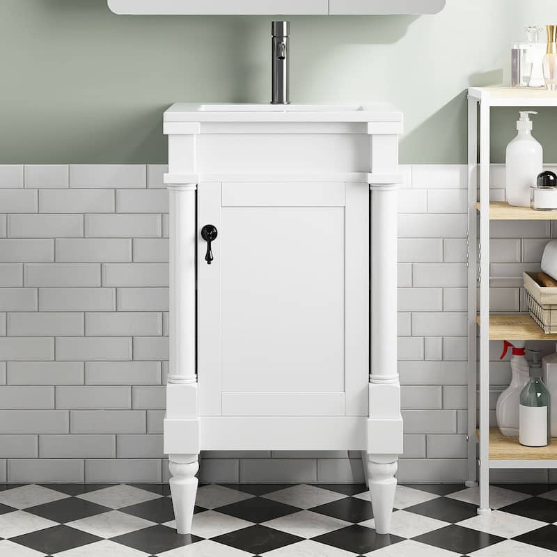 Retro Compact Bathroom Vanity Cabinet Simple Freestanding Single Sink Cabinet with Adjustable Shelf and Black Metal Pull - White