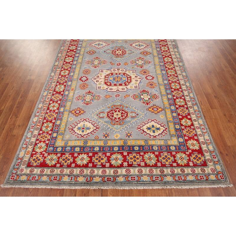 Gray Geometric Kazak Oriental Area Rug Hand-Knotted Wool Carpet - 4'11" x 6'10"