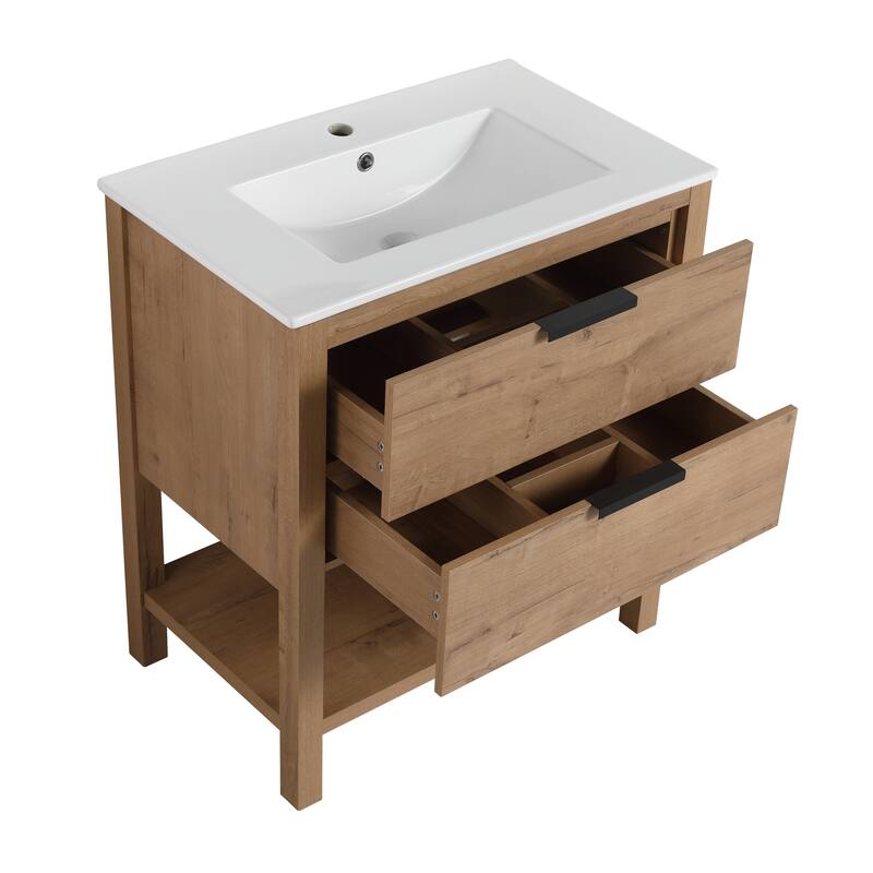 Beingnext 30" Bathroom Vanity with Sink, Single Sink Freestanding Bathroom Vanity with 2 Soft Close Drawers and Open Shelf