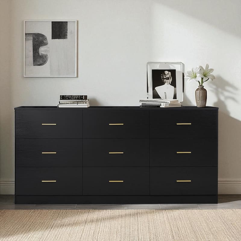 Modern 9 Drawer Dresser, Wide Chest of Drawers with Golden Handles, Large Storage Cabinet for Bedroom and Entryway - Black
