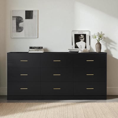 Modern 9 Drawer Dresser, Wide Chest of Drawers with Golden Handles, Large Storage Cabinet for Bedroom and Entryway