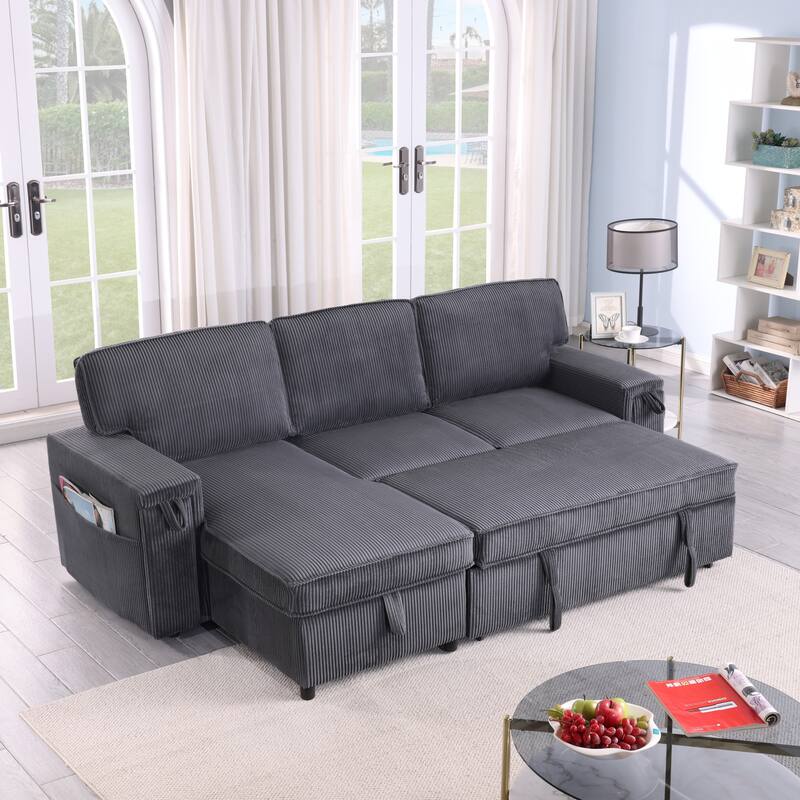 96" Chenille Sleeper Sectional Sofa with Storage Chaise