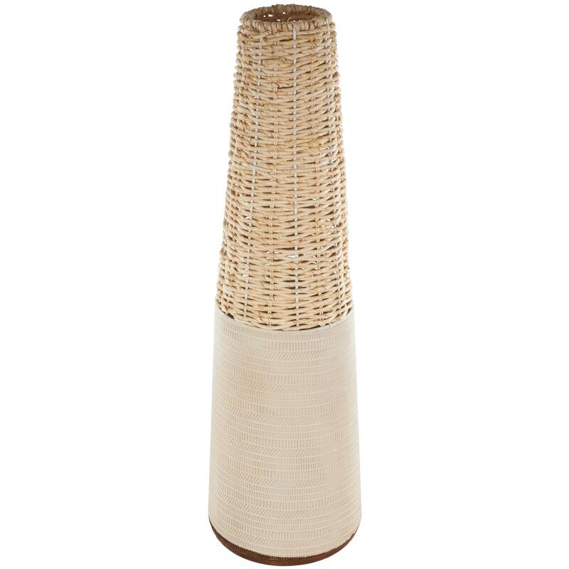 Light Brown Rattan Handmade Woven Geometric Decorative Vase with Beige Metal Base and Abstract Linear Markings