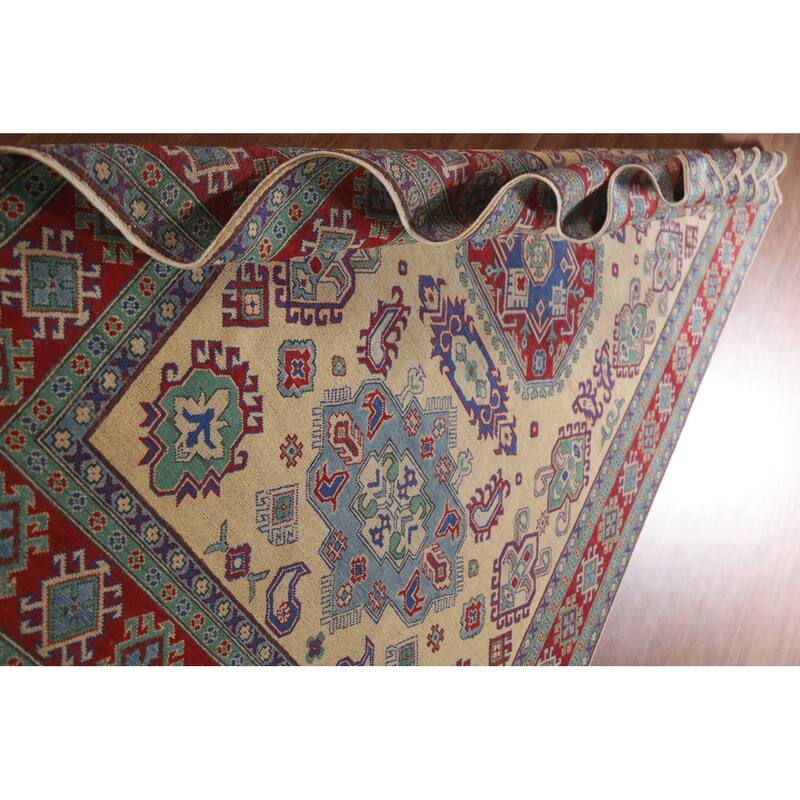 Hand Knotted Oriental 100% Wool Carpet Traditional Geometric Peach Kazak Area Rug - 9' 9'' X 6' 8''