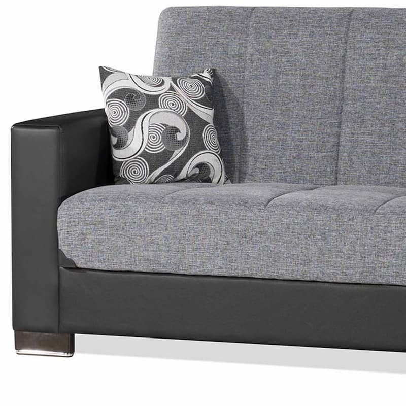 HomeRoots 87" Gray And Black Chenille And Faux Leather Convertible Futon Sleeper Sofa And Toss Pillows With Storage