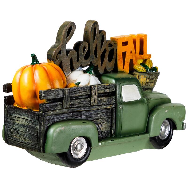 Hello Fall Vintage Style Truck Hauling Autumn Harvest Decoration - 11.25"