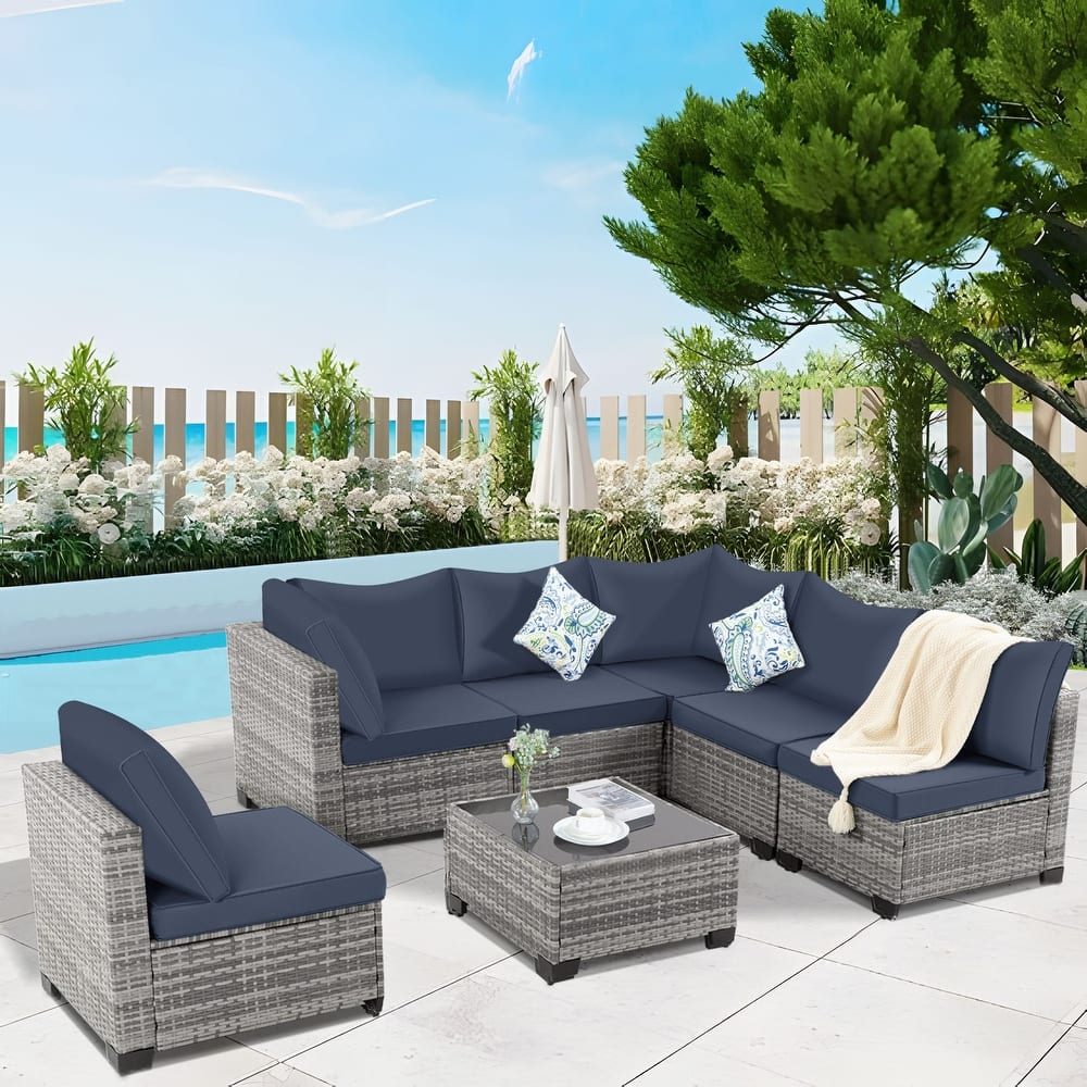 7-Piece Wicker Patio Conversation Set with Cushions,6 Sofas, 1 Table
