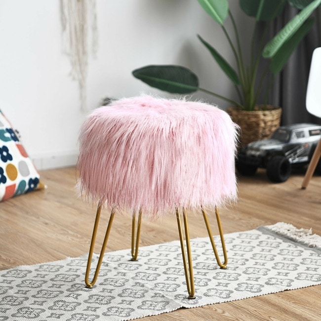 pink fluffy stool for dressing table Vanity Chair Dressing Table Fluffy Stool Costway Faux Fur Vanity Chair  Makeup Stool Furry Padded Seat