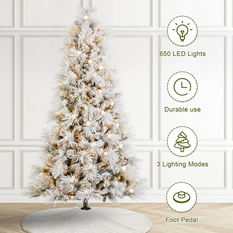 Glitzhome 7.5FT/9FT Pre-Lit Flocked Full Snowy Globe Pine Artificial Christmas Tree with Foot Switch