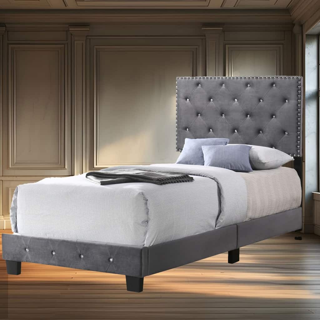 Charming Gray Velvet Twin Bed with Storage, Easy Assembly, Casual Design