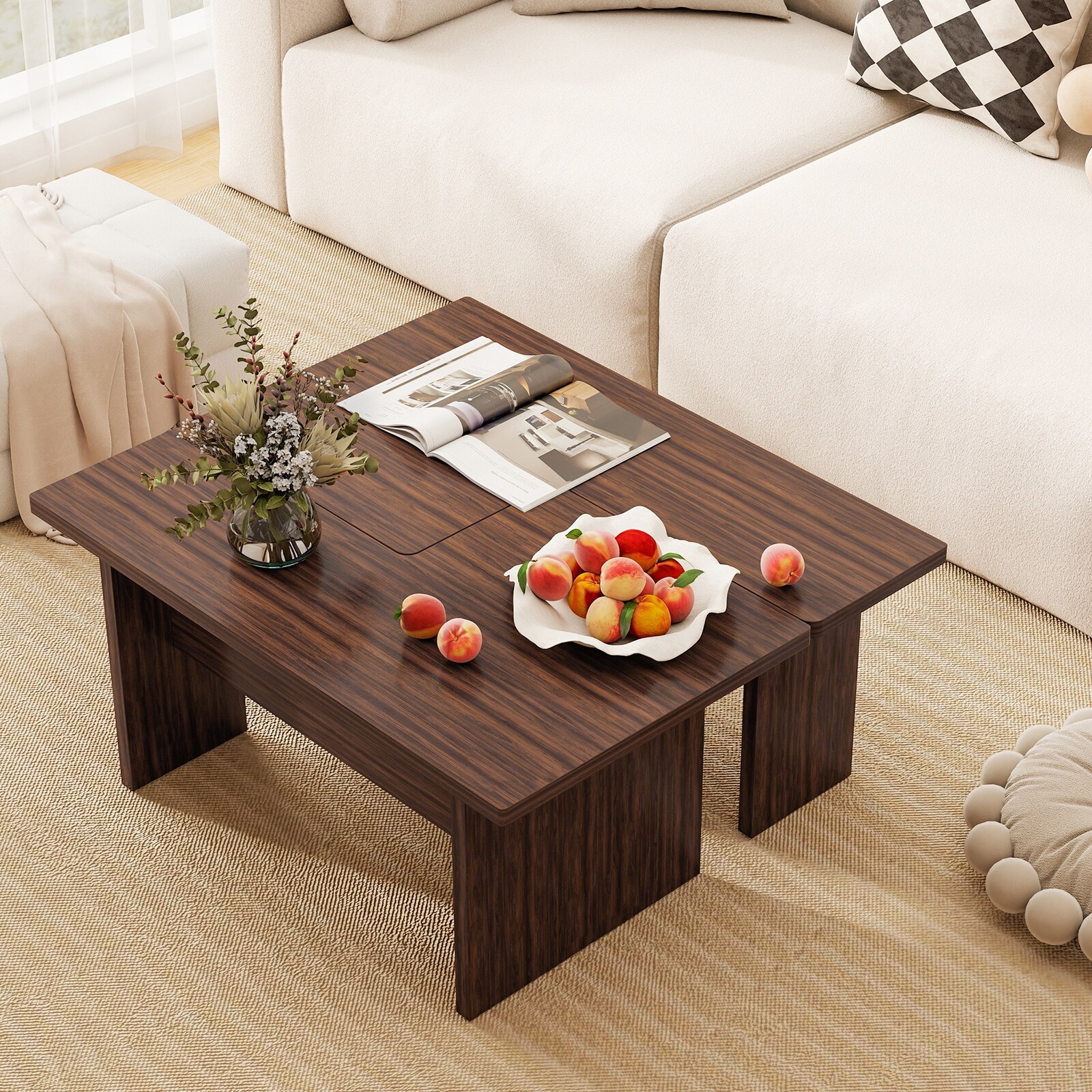 Gymax Modular Coffee Table Set of 2 L Shaped Center Tables for