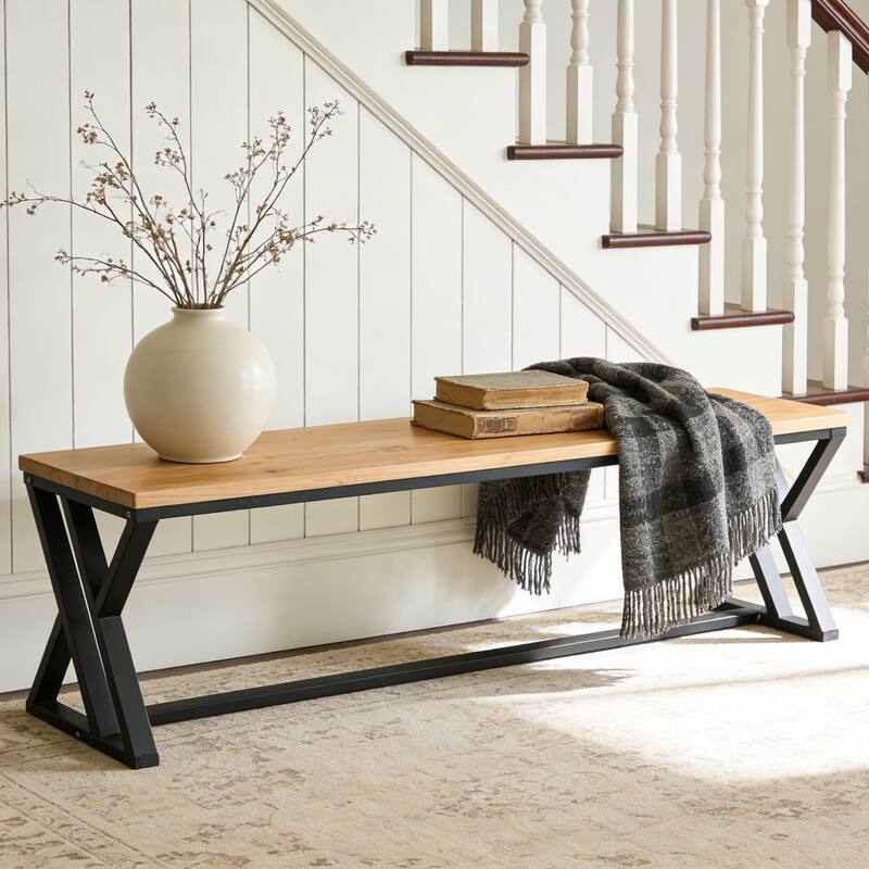 Solid Wood Entryway Bench With Metal Legs