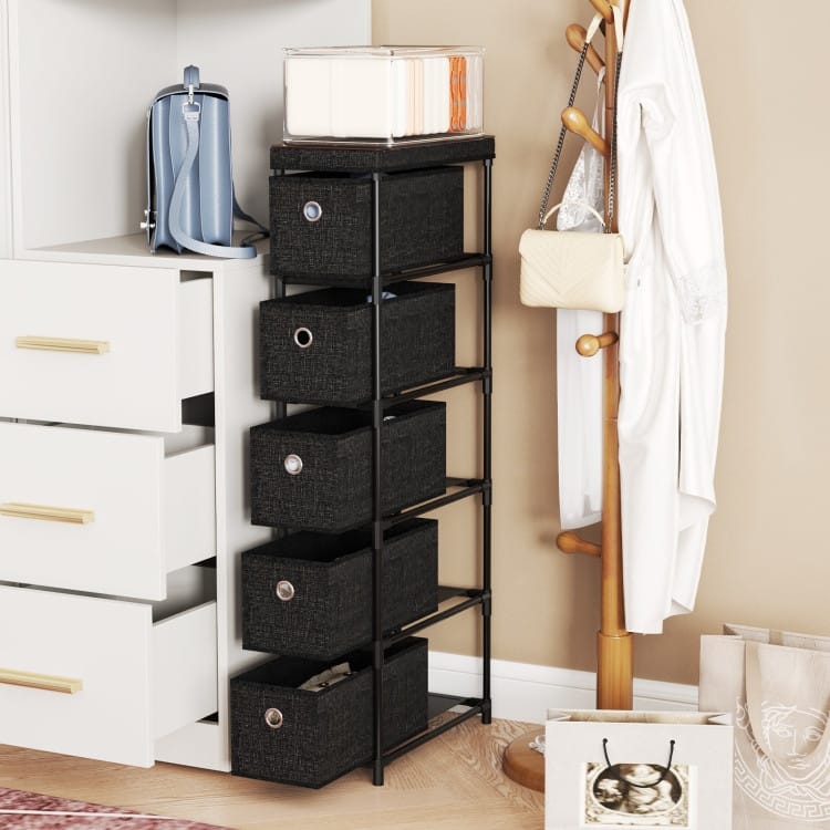 Black MDF Storage Tower with 5 Foldable Drawers Metal Structure and Industrial Wood Top