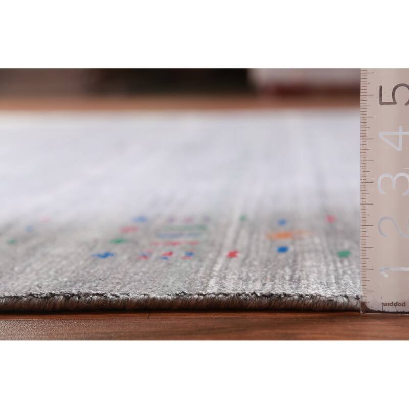 Hand Knotted Oriental Viscose Silk Carpet Tribal Stripe Greys & Charcoal Gabbeh Area Rug - 9' 10'' X 7' 10''