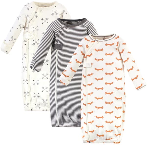 slide 1 of 1, Touched by Nature Baby Boy Organic Cotton Zipper Long-Sleeve Gowns 3pk, Orange Fox Preemie - Orange Fox