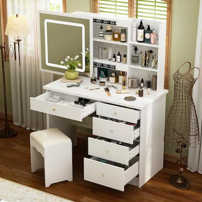 39.4"Wide Makeup Vanity Set with Stool and Touching Light Mirror - 39.4"W