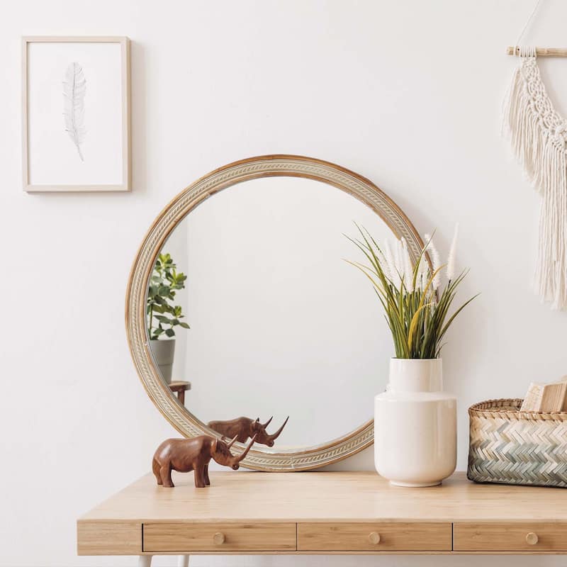 Round Decorative Wall Mirror with Woven Rattan-Textured Frame (23.62"), Rustic Modern Accent Mirror for Bathroom/Living Room