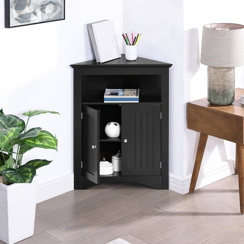 Free-Standing Corner Storage: Perfect for Bathroom, Kitchen, and Living Room. Features Doors, Shelves