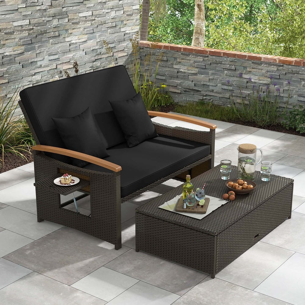Costway Patio Rattan Daybed Set with Cushioned Loveseat & Storage - See Details