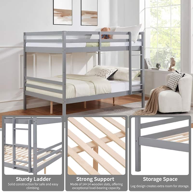 Full over Full Wooden Bunk Bed,High Guardrail,Ladder,Kids Teens,Dorm