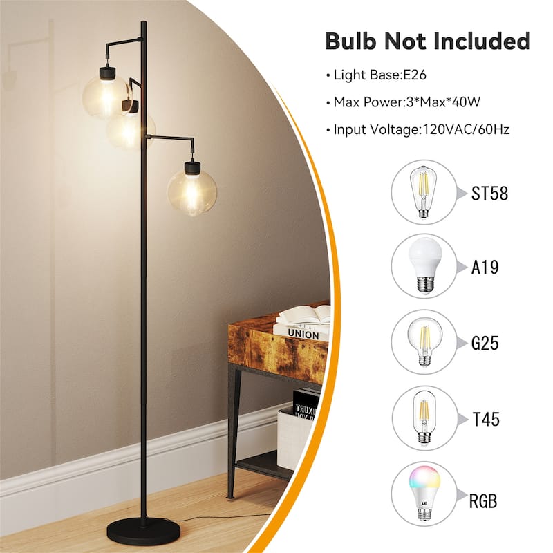 67" Tree-Shaped Living Room Floor Lamp with 3 Lights, Glass Lampshade and Foot Switch