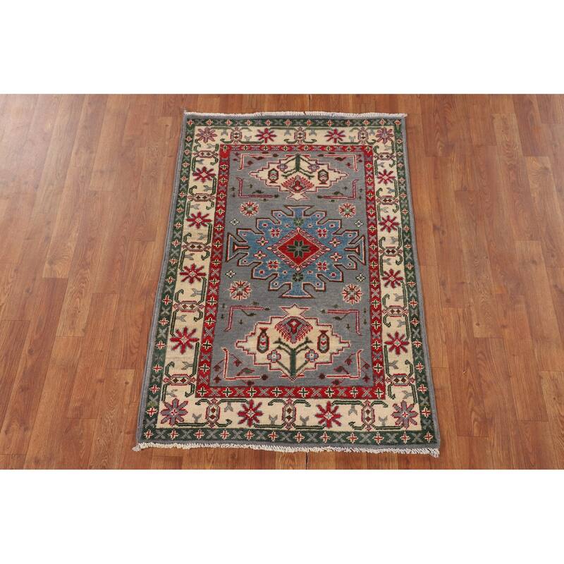 Gray Geometric Kazak Oriental Accent Rug Handmade Bedroom Wool Carpet - 2'9" x 4'0"
