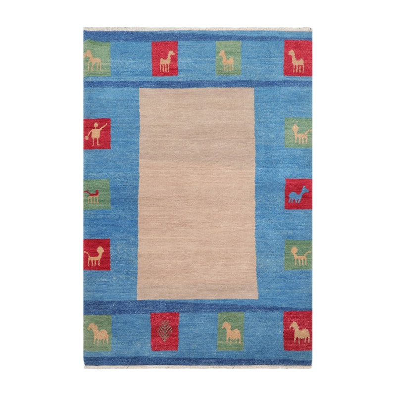 Hand Knotted Gabbeh Beige, Blue Persian Wool Modern Oriental Area Rug - 4' x 6'