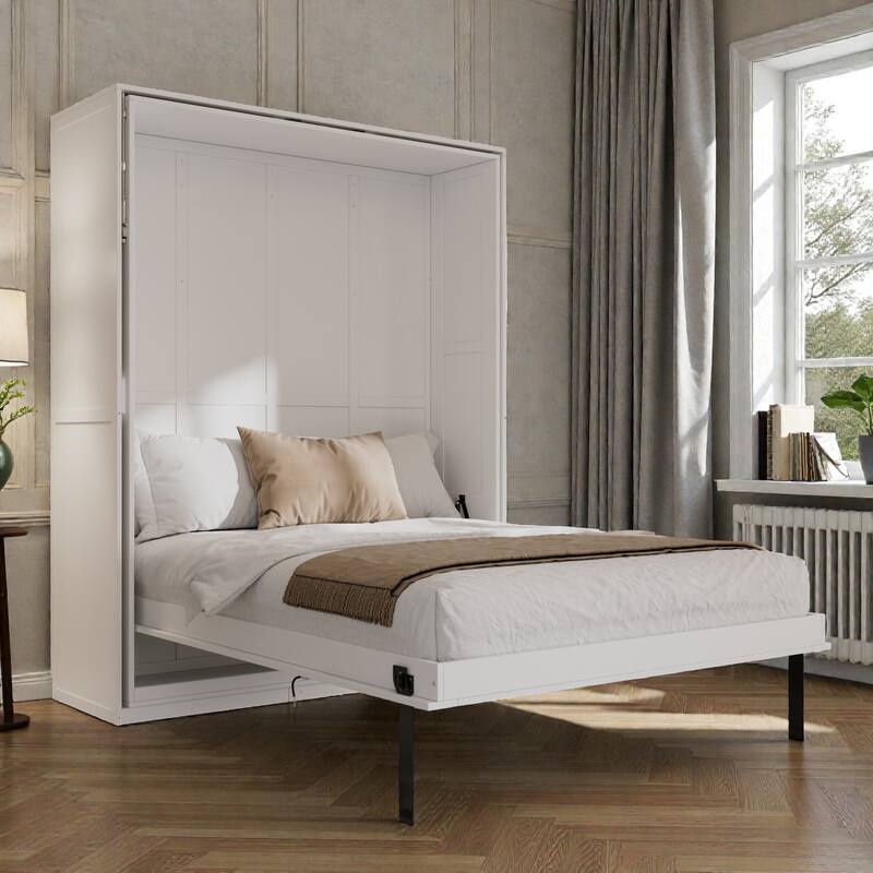 Rotating Queen Murphy Bed with Storage Shelves, 360 Degree Space Saving Wall Bed for Home Office
