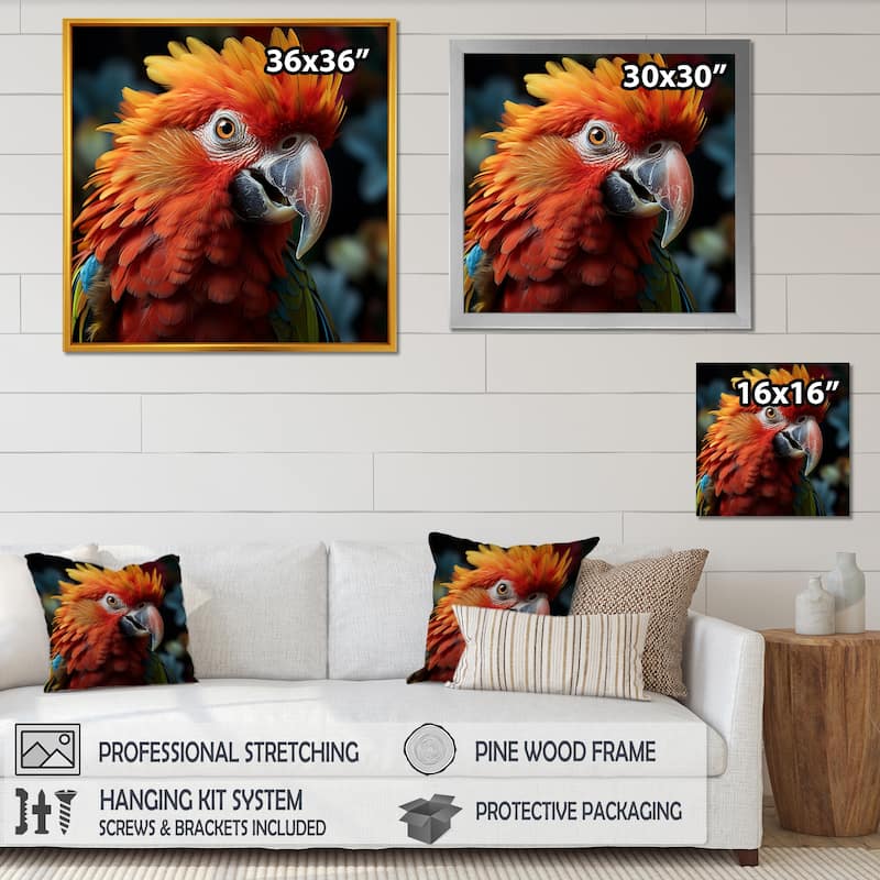 Designart "Orange Parrot Portrait Photo" Parrot Orange Wall Decor - Modern Bedroom Framed Canvas Wall Art