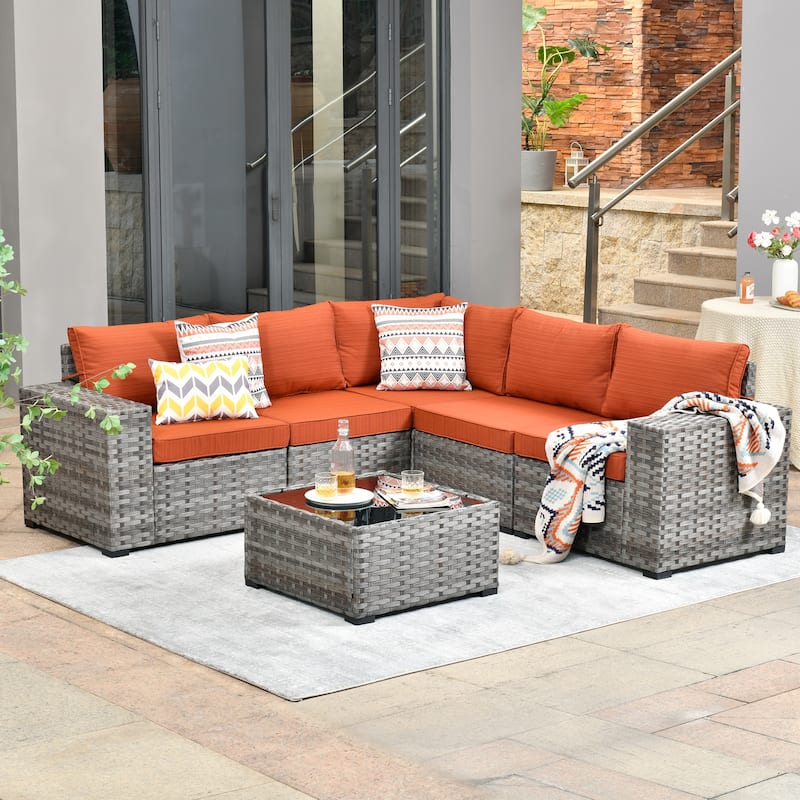 OVIOS Patio Wicker Furniture Wide Arm 6-piece Set with Table - Red/Orange