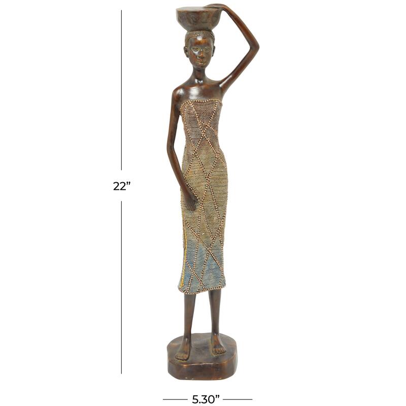 Polystone Woman Standing African Sculpture with Intricate Details - Brown - Roche River Decor - 4"W x 5"L x 22"H