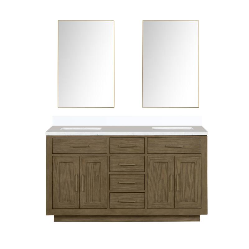 Abbey 60 in W x 22 in D Black Oak Double Bath Vanity, White Quartz Top, and 28 in Mirrors - 60 - Grey Oak