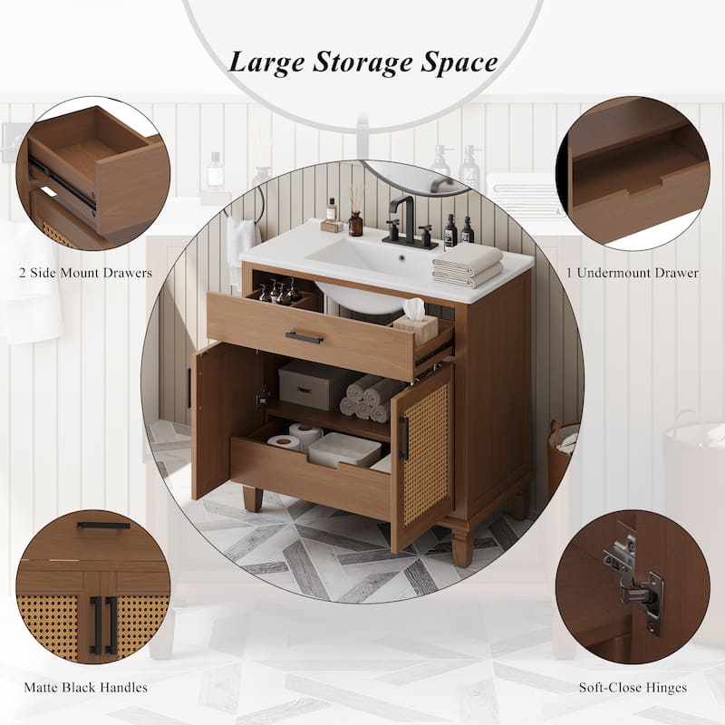 36"Bathroom Vanity with Ceramic Sink,Bathroom Cabinet with 2 Soft Close Doors and 3 Drawers,Free-standing Vanity with Wood Legs