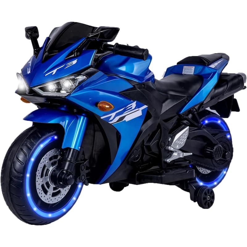 12V Kids Ride On Motorcycle,550W Electric Ride On Motorcycle with Training Wheels, Light Wheels, Manual Throttle,LED Lights - Blue