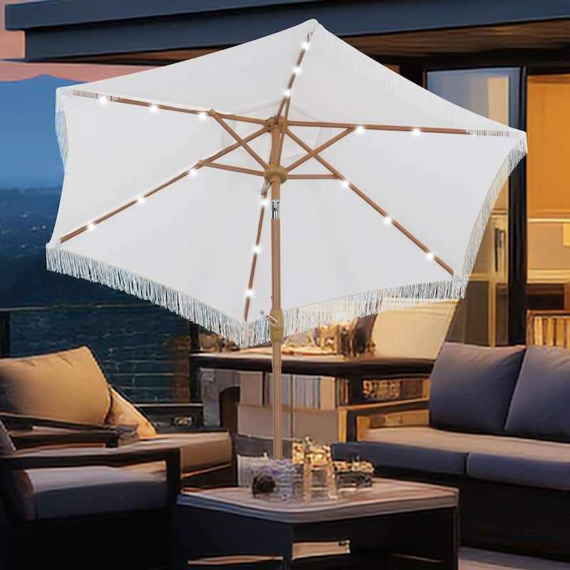 Autlaycil 7.5 ft Patio Umbrella with Tassel, 18 LED Lights Solar Umbrella - White